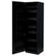 Black wooden tall cabinet with multiple shelves and drawers.
