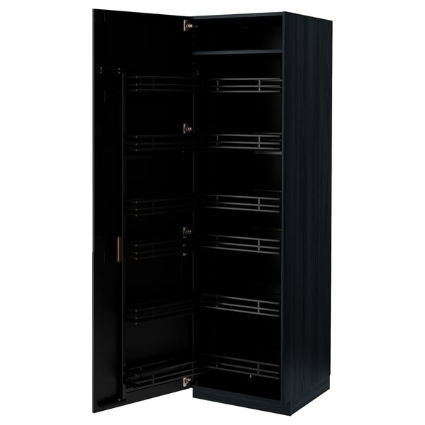 Black kitchen cabinet with pull-out shelves. Modern design, wooden texture. Optional section for storage.