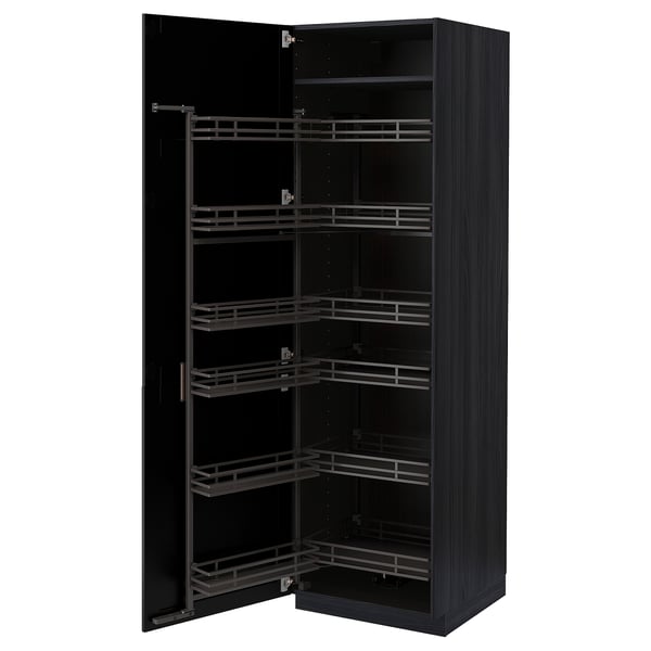 Black METOD cabinet, dark wood, rectangular, pull-out shelves, two doors open.