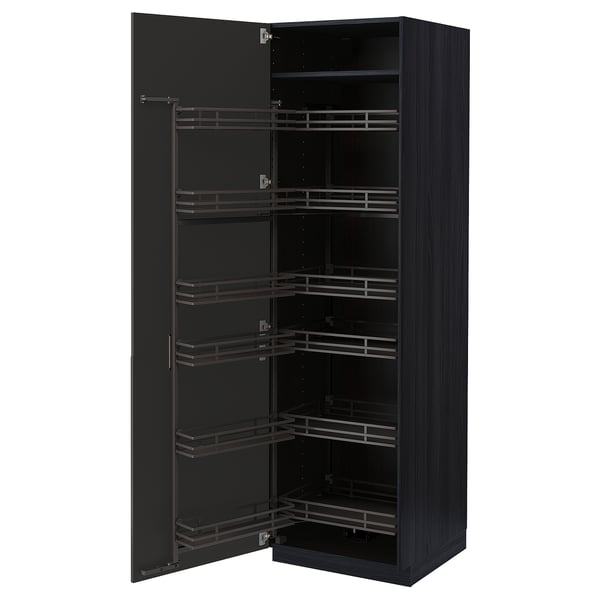 Black METOD kitchen cabinet, modern, pull-out drawers, dark wood panels, square shape.