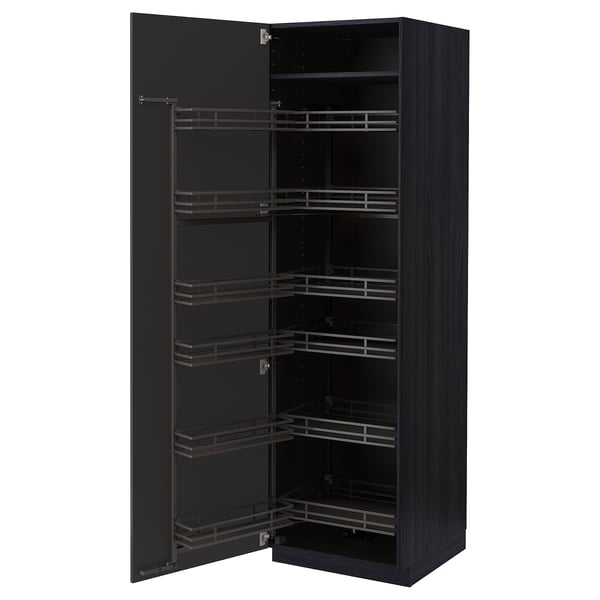 A modern black METOD kitchen cabinet with pull-out shelves and a sleek design.
