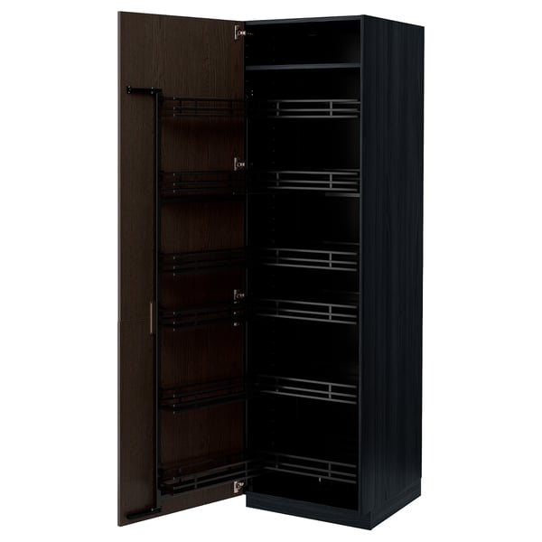 Dark brown wooden cabinet with multiple pull-out shelves, closed on one side, open on the other, displaying organised storage solution.