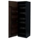 Dark brown wooden cabinet with multiple pull-out shelves, closed on one side, open on the other, displaying organised storage solution.