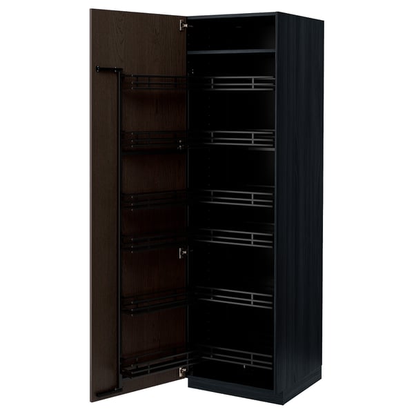METOD dark brown kitchen cabinet with pull-out shelves.