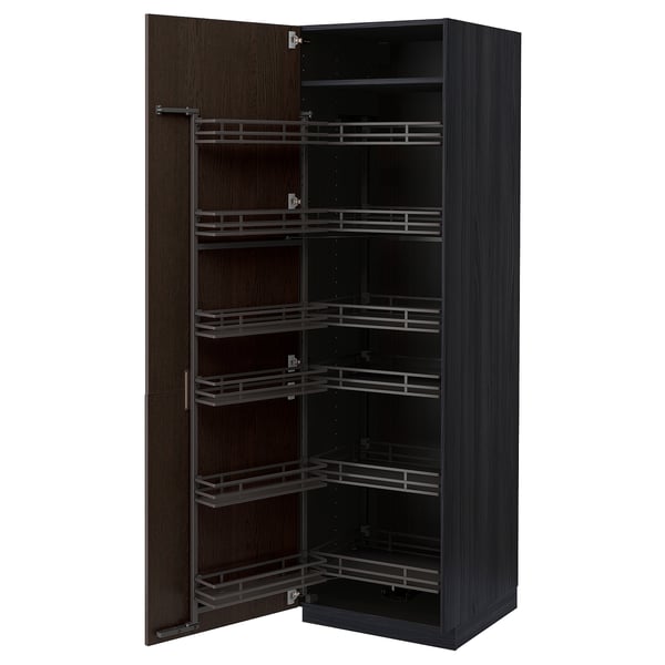 Image shows dark brown METOD kitchen cabinet with pull-out shelves.