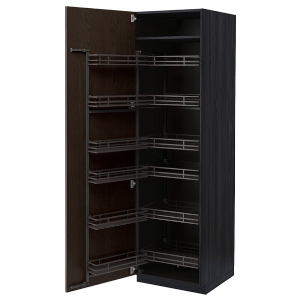 Displays a dark brown METOD kitchen cabinet with multiple pull-out shelves. The cabinet is tall, rectangular, and a sleek design with a modern finish.