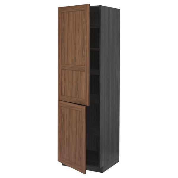 Tall cabinet with wood doors, adjustable shelves, dark frame.