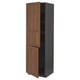 Tall cabinet with wood doors, adjustable shelves, dark frame.