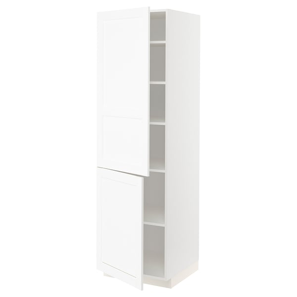A white, tall METOD kitchen cabinet. It double doors, two shelves inside, and a clean design.