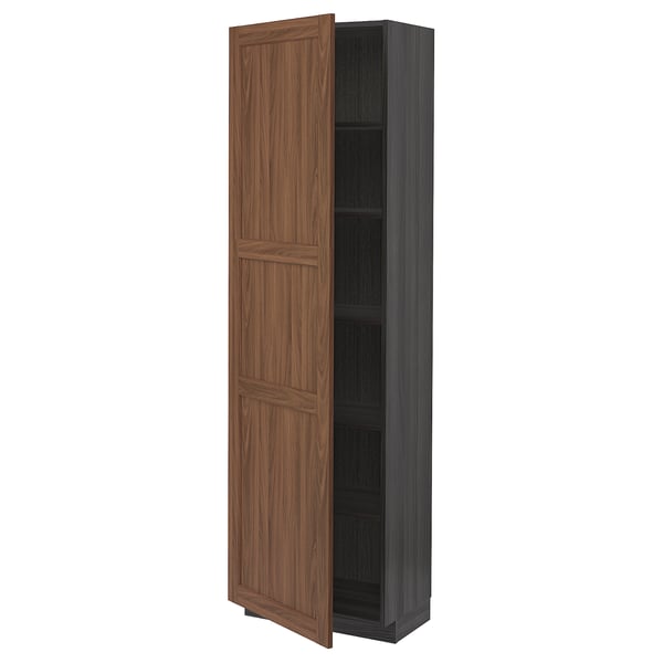 Wooden cabinet from METOD kitchen system, walnut finish, open door revealing dark interior.