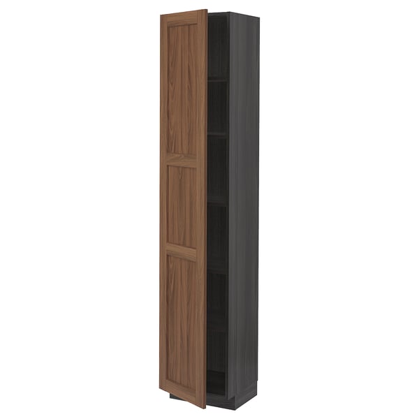 Walnut METOD cabinet with dark interior and adjustable shelves.
