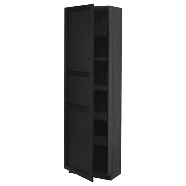 Black ikea METOD cabinet with 2 beveled doors and adjustable shelves.
