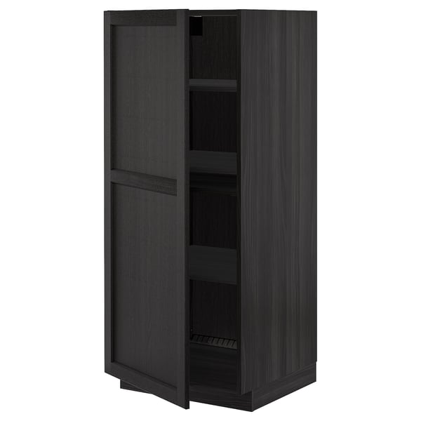 A dark brown ikea METOD kitchen cabinet with a traditional design. It has two doors, three adjustable shelves, and a sturdy frame construction.