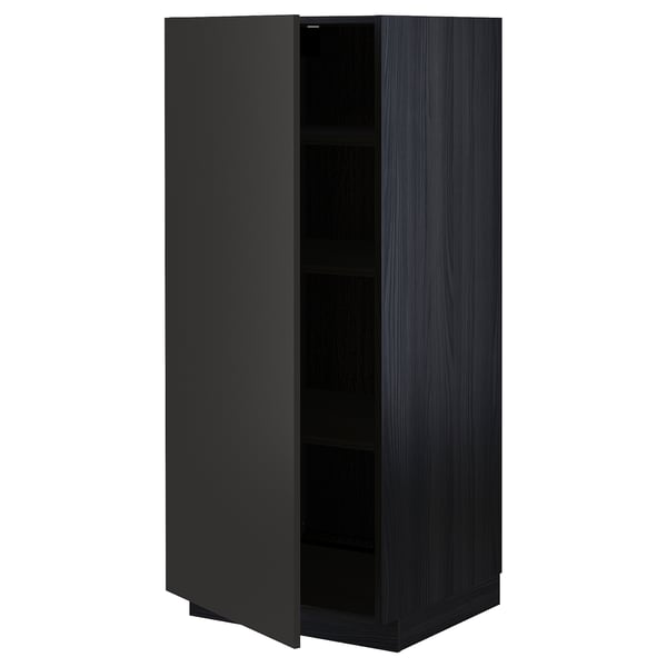 Black kitchen cabinet, modern design, matt finish, rectangular shape, with shelves, one door open, dark wood grain pattern.