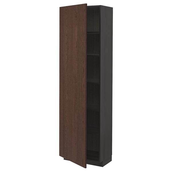 Dark wood cabinet with one open door revealing three shelves. Tall and rectangular, solid wood edges.
