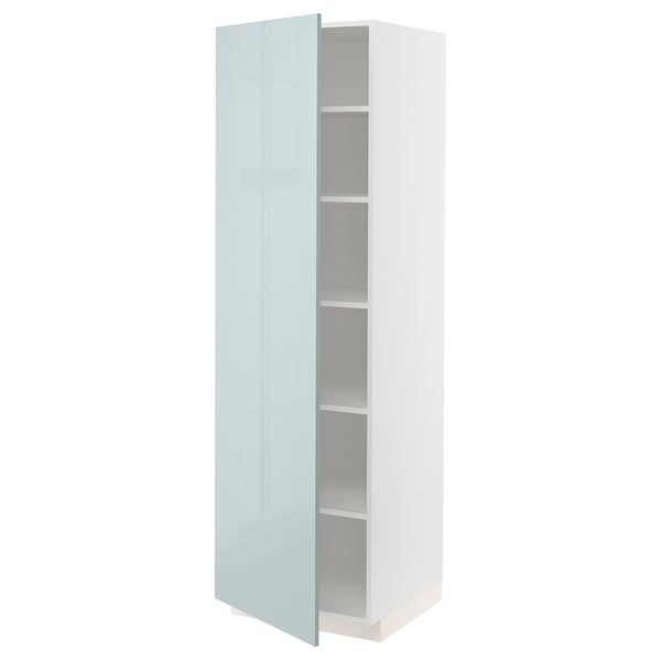 A tall, white high cabinet with a light blue, glossy door, part of the ikea METOD kitchen system. It has adjustable shelves inside.