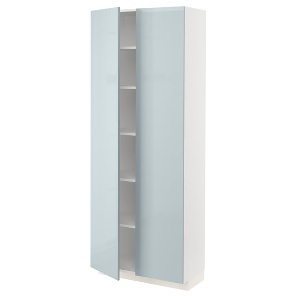 High gloss blue-grey cabinet, white frame, adjustable shelves, modern kitchen storage.