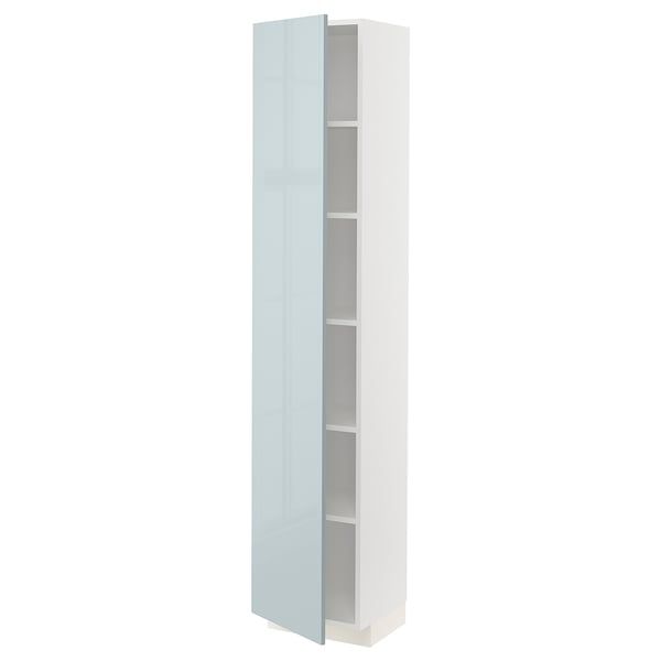 A modern, tall white ikea METOD kitchen cabinet with a high-gloss grey-blue door, including shelves, in a sleek design.