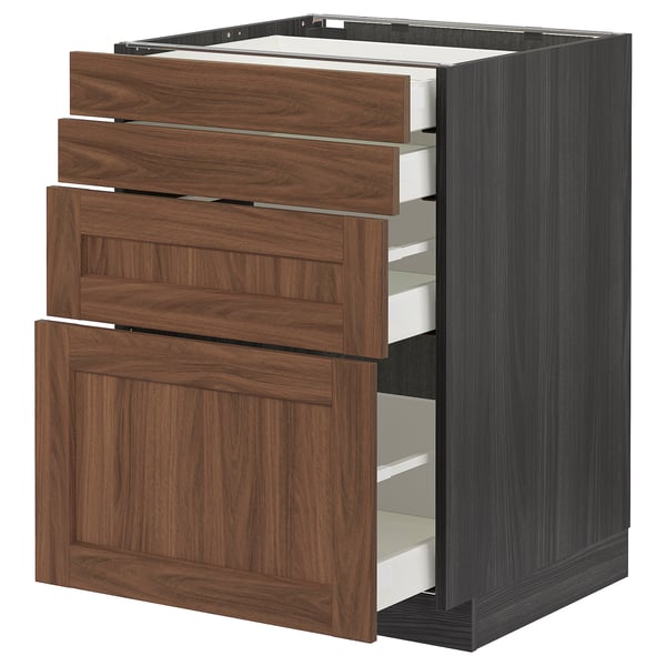 METOD kitchen cabinet with walnut-effect brown drawers, three fully extendable drawers, modern design, sturdy build.