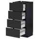 Modern black kitchen cabinet with four open drawers, sleek design, self-closing feature.