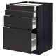 Modern black kitchen cabinet with multiple open drawers, sleek design, and soft-close mechanism.