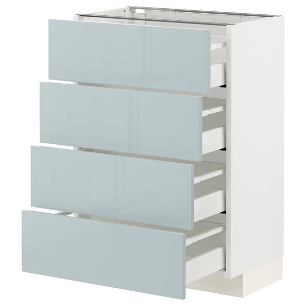 Modern kitchen cabinet with four grey-blue glossy drawers. Sleek, rectangular design for organised storage.