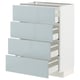 Modern kitchen cabinet with four grey-blue glossy drawers. Sleek, rectangular design for organised storage.