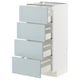 White kitchen cabinet with four grey-blue drawers, modern design.