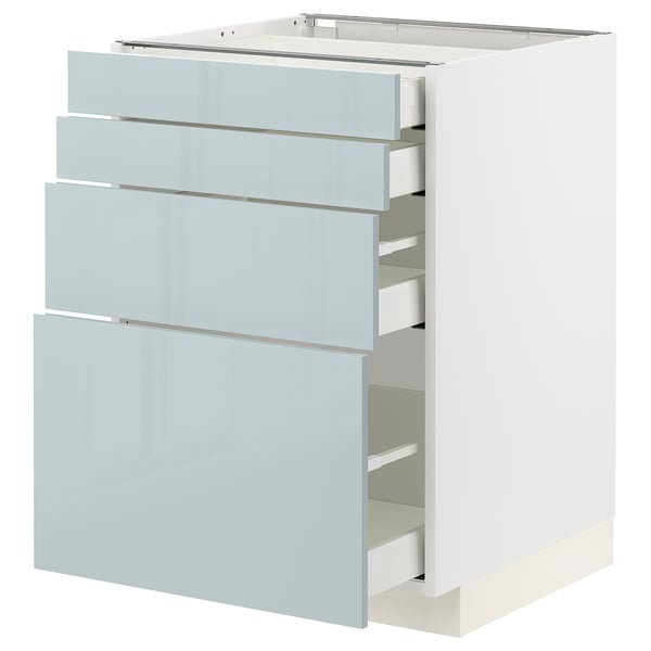 Modern light blue kitchen unit with four open drawers, sleek, minimalist design.