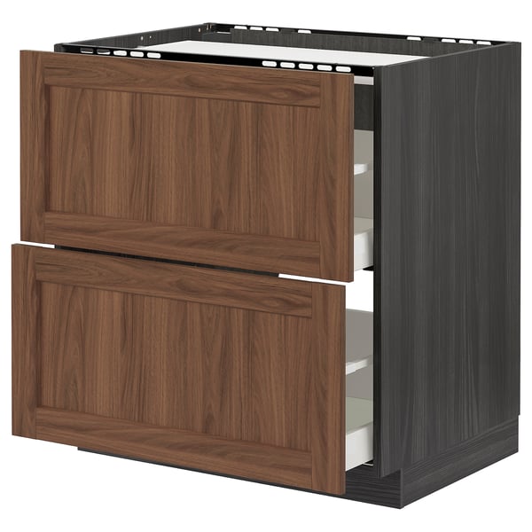 Wooden kitchen unit: dark brown, rectangular, two drawers, sturdy with smooth runners.