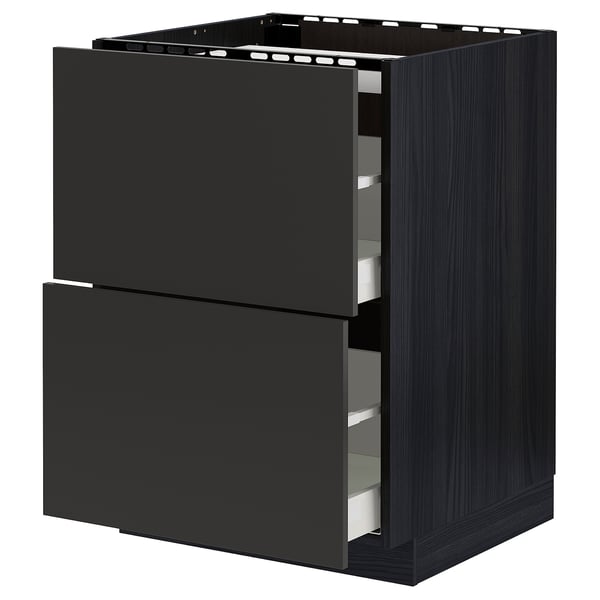 Black METOD kitchen cabinet with two pull-out drawers, modern sleek design for compact storage.