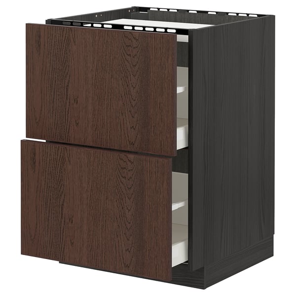 Dark brown oak METOD kitchen unit with 2 pull-out drawers, sleek modern design.