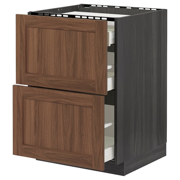 METOD kitchen cabinet in walnut wood, two drawers open, dark frame, built-in organisers.