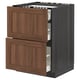METOD kitchen cabinet in walnut wood, two drawers open, dark frame, built-in organisers.