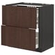 Dark brown wooden kitchen cabinet with three visible drawers, modern design.