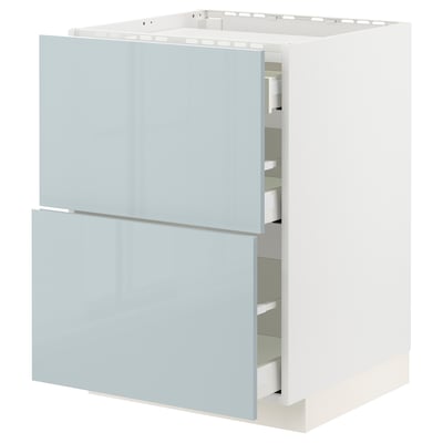 Modern gray-blue kitchen cabinet, glossy finish, with sleek drawers.