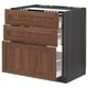 METOD kitchen unit with walnut walnut fronts, three drawers, smooth grey finish, rectangular shape.