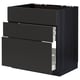 Modern black METOD kitchen cabinet with three open drawers, sleek design, wood texture, full-extension drawers.