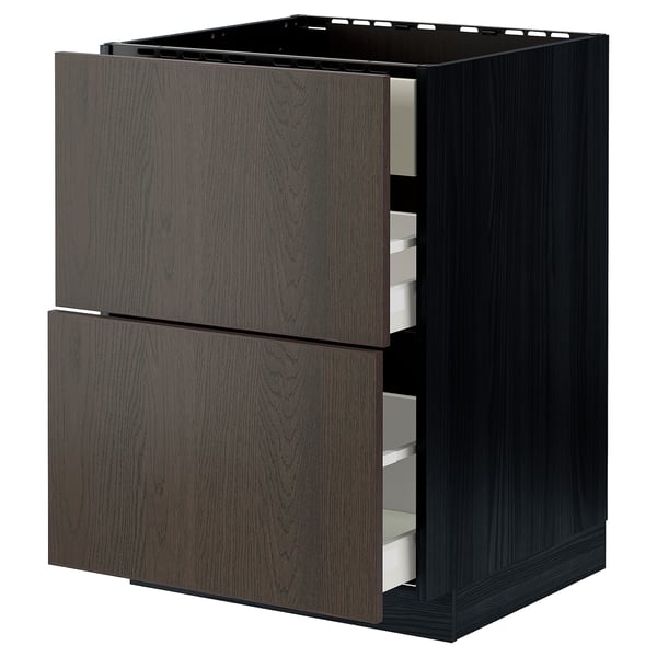 Dark brown kitchen cabinet with two drawers, sleek design, wood finish, black frame.