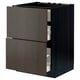 Dark brown kitchen cabinet with two drawers, sleek design, wood finish, black frame.