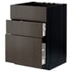 Dark brown ikea METOD kitchen unit with three drawers, wooden texture, soft-close feature.
