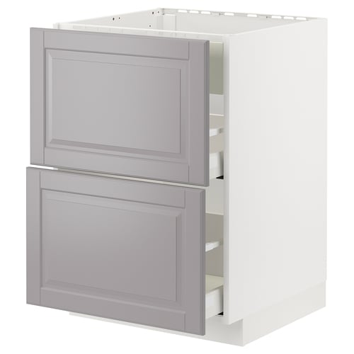 A white METOD kitchen cabinet with two soft grey bodbyn drawers featuring bevelled edges.