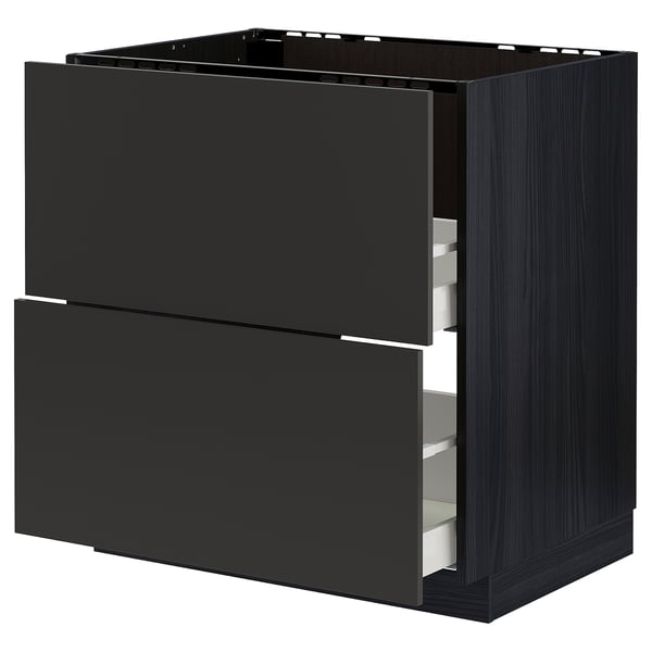 Black METOD kitchen cabinet with two drawers, dark wood effect, sleek modern design.