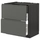 Dark grey modern kitchen cabinet, two drawers, sleek handles, sturdy frame, black wood grain.