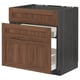 Wooden kitchen cabinet with two drawers, dark brown finish, smooth grain texture. One drawer is partially open.