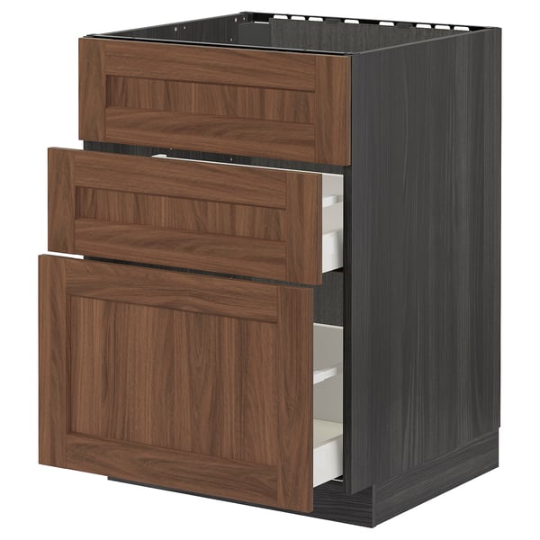 Ikea METOD kitchen unit, dark wood, black frame, 3 drawers, 25-year guarantee.
