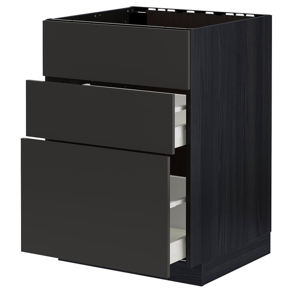Modern black kitchen unit with three drawers, sleek design, partial open drawer, sturdy frame, smooth runners, and wood-like finish.