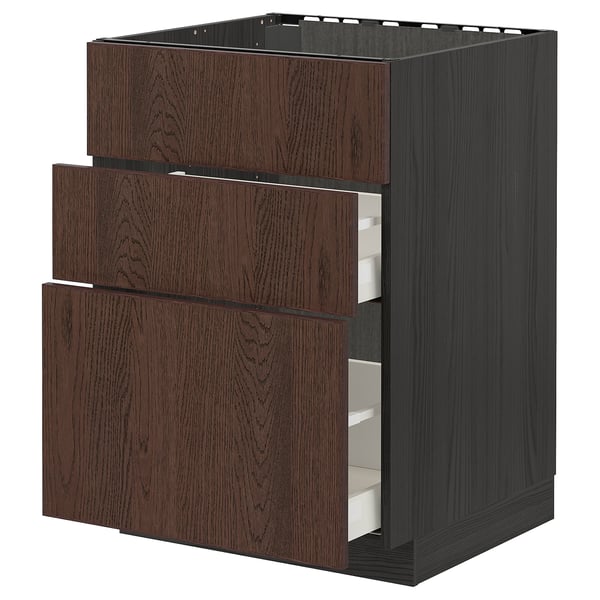 METOD dark brown oak-veneer kitchen cabinet with three drawers, modern design.