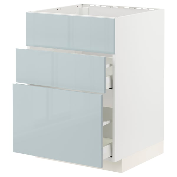 Modern white and blue kitchen cabinet with smooth drawers.