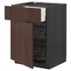 Dark brown kitchen cabinet with drawer open, wire shelves, metal handles. Modern, functional design.